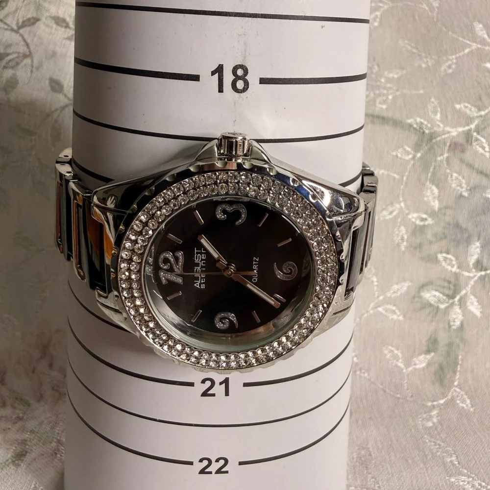 August Steiner Women's Silver and Black Crystal Watch